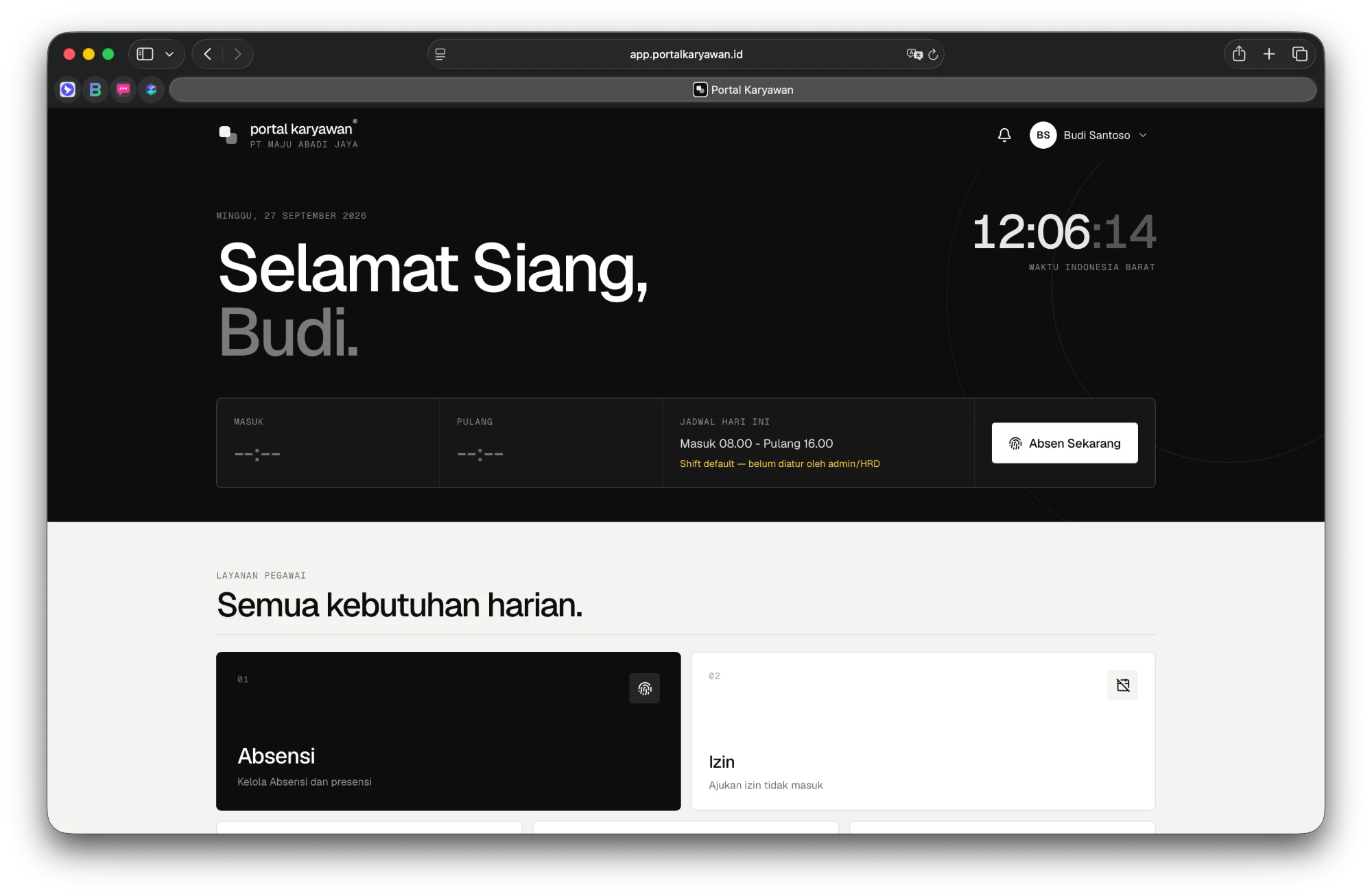 Tampilan aplikasi web Portal Karyawan di browser: sapaan pegawai, jam absensi, jadwal hari ini, dan menu layanan pegawai